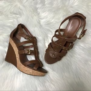 New Attitude Brown Faux Leather Cork Wedges 8